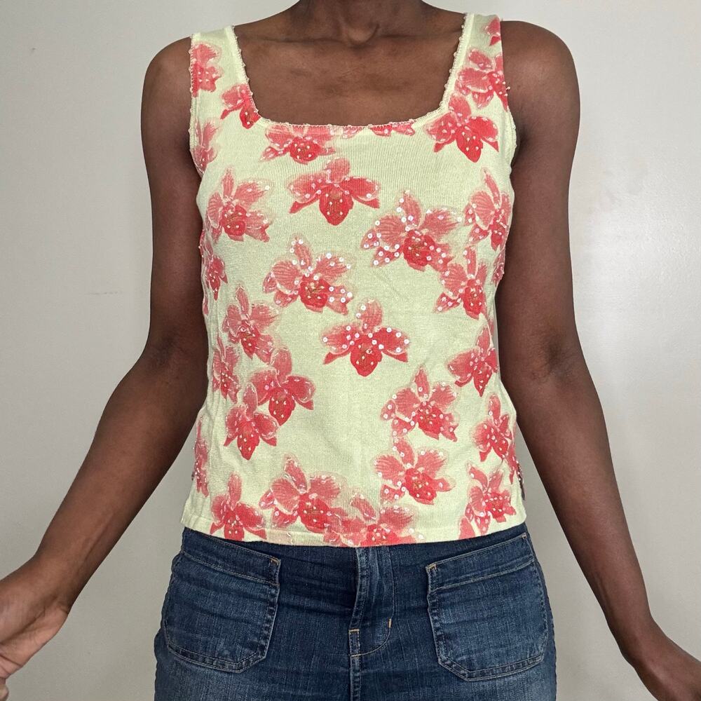 VINTAGE | 90s Dana Buchman Sage Green Beaded Square Neck Tank Top Size Small